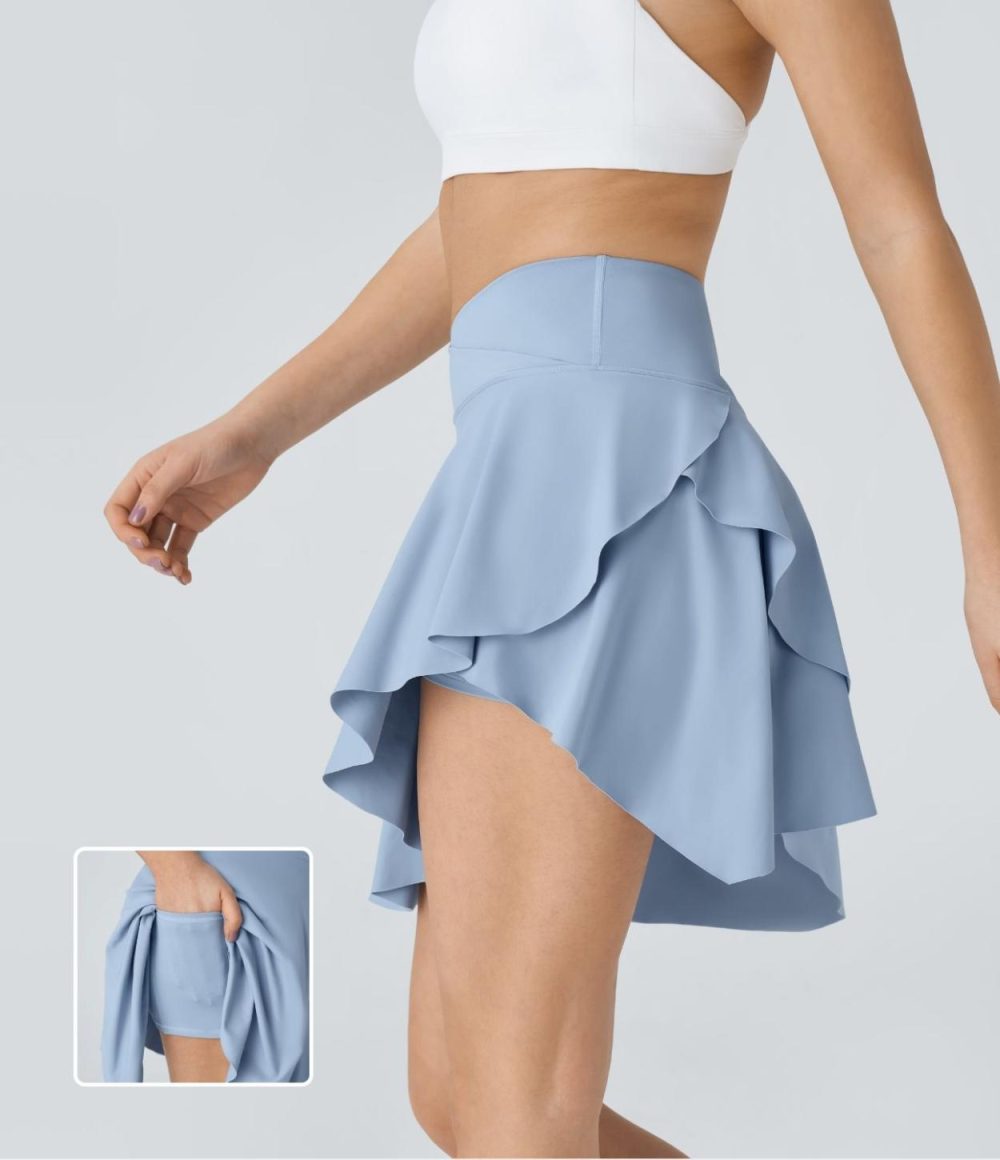 Softlyzero™ Airy High Waisted Crossover 2-in-1 Side Pocket Asymmetric Tiered Hem Flowy Mini Cool Touch Skirt-UPF50+  | Womens  Mini Skirts Clothing Chambray Blue/Black