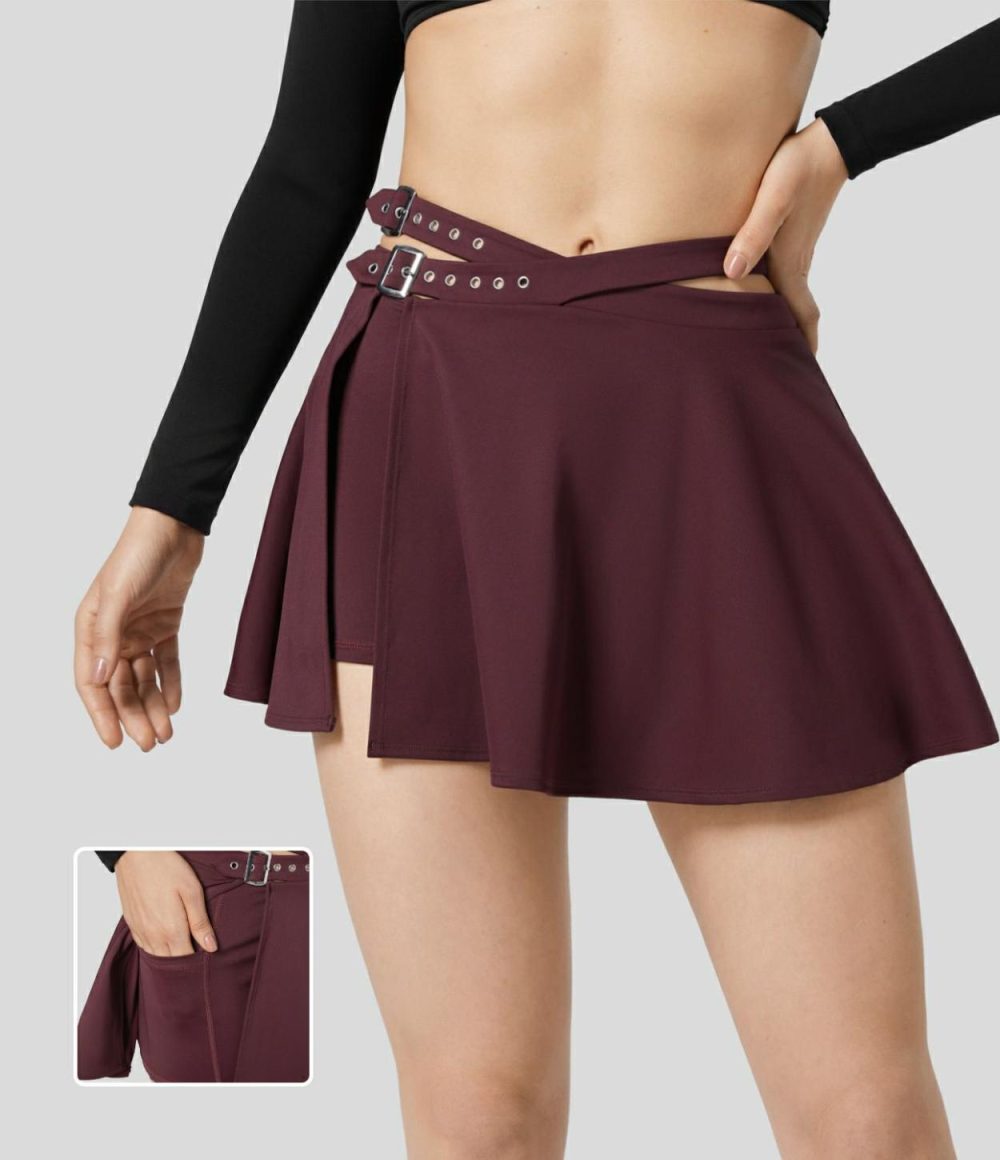 Softlyzero™ Airy High Waisted Crossover Adjustable Buckle 2-in-1 Side Pocket Split Cool Touch Flare Mini Dance Skirt-UPF50+  | Womens  Mini Skirts Clothing Berry Red/Black