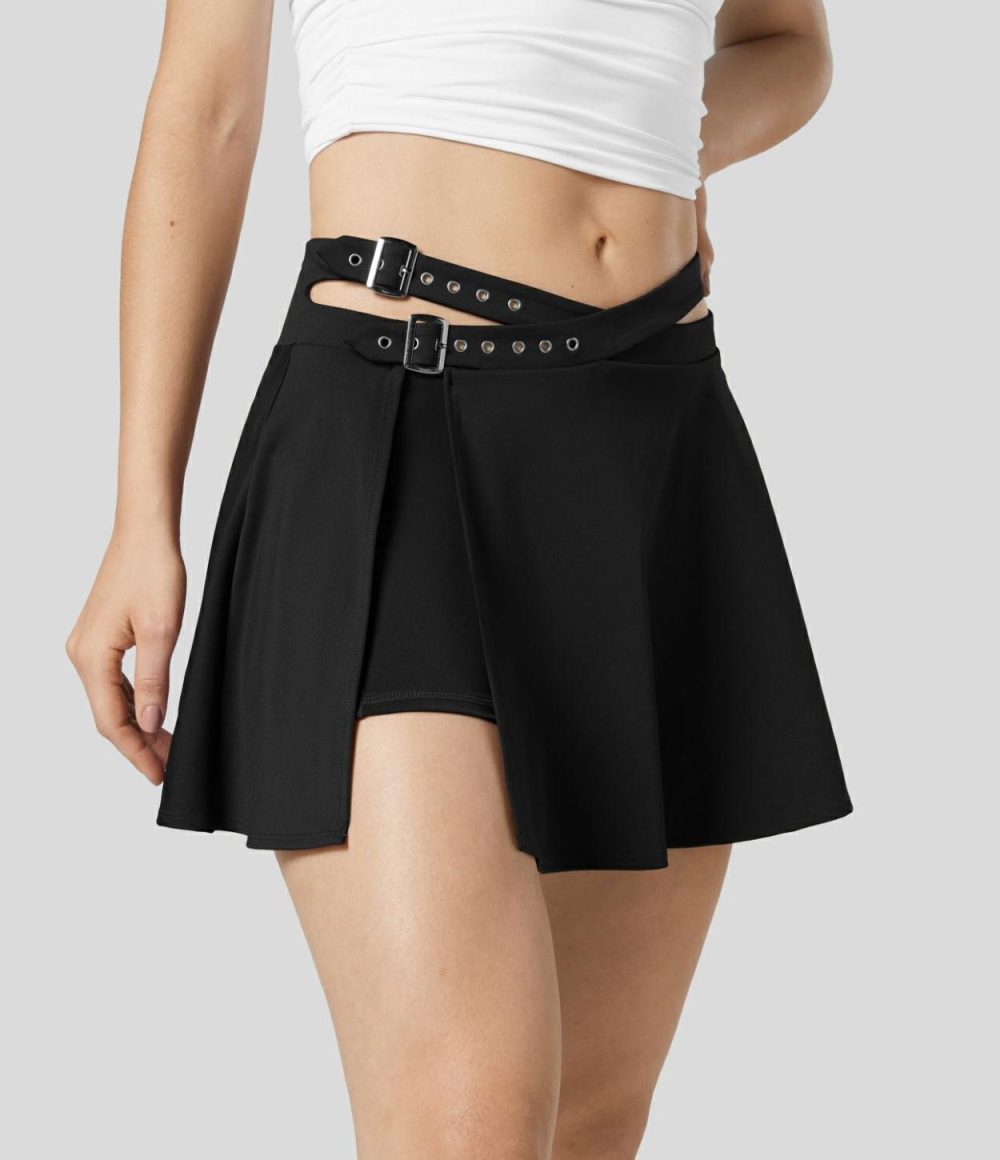 Softlyzero™ Airy High Waisted Crossover Adjustable Buckle 2-in-1 Side Pocket Split Cool Touch Flare Mini Dance Skirt-UPF50+  | Womens  Mini Skirts Clothing Berry Red/Black