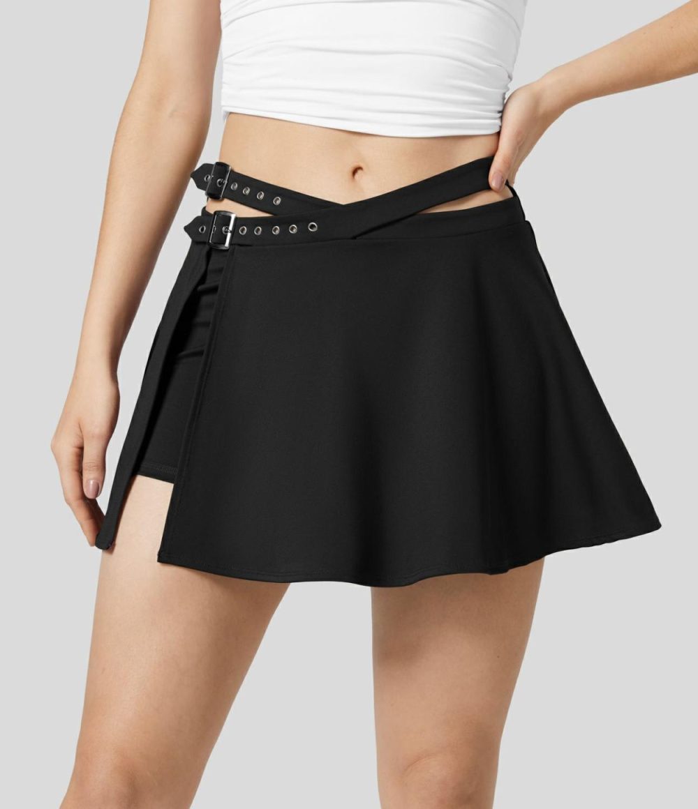 Softlyzero™ Airy High Waisted Crossover Adjustable Buckle 2-in-1 Side Pocket Split Cool Touch Flare Mini Dance Skirt-UPF50+  | Womens  Mini Skirts Clothing Berry Red/Black