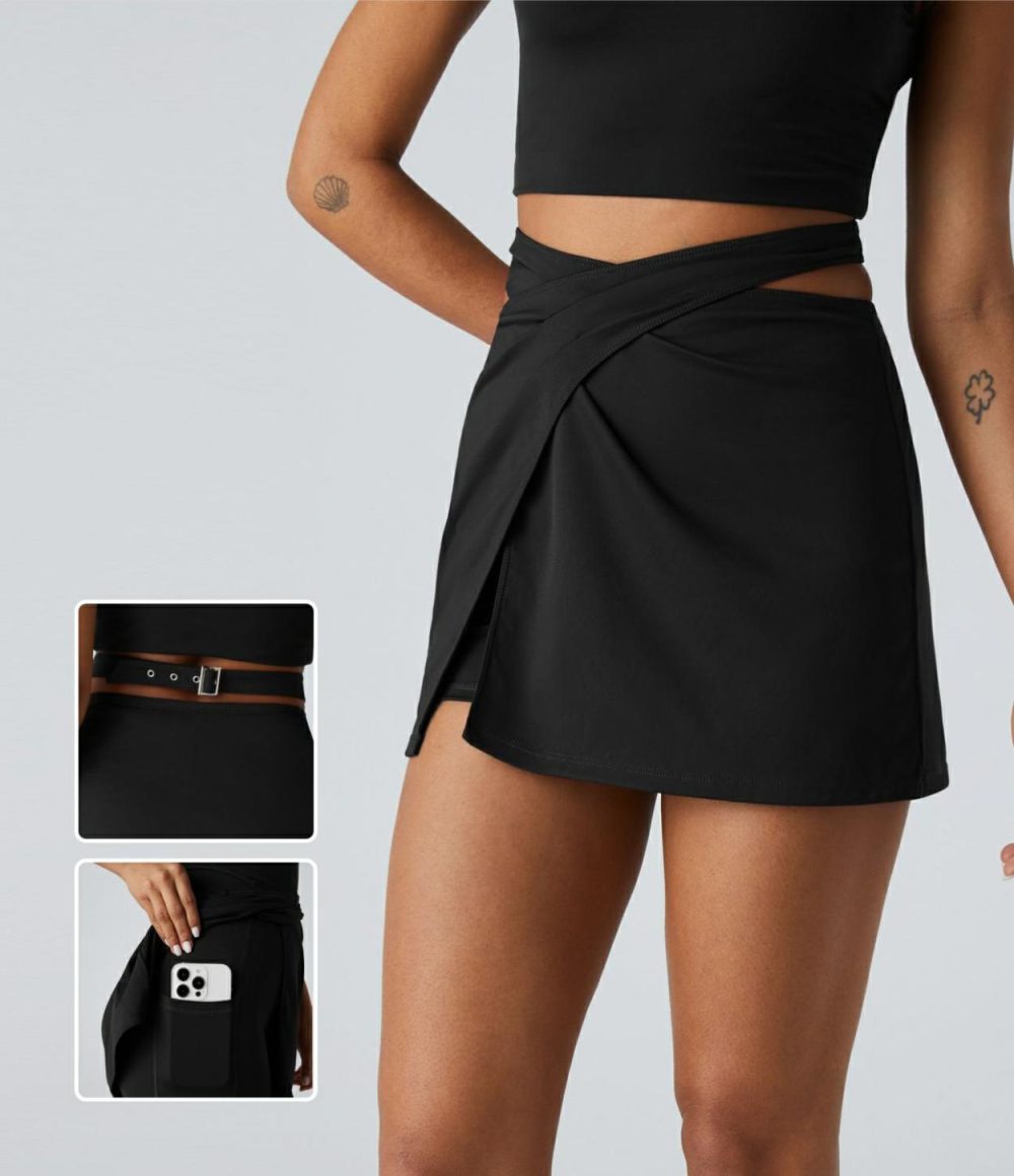 Softlyzero™ Airy High Waisted Crossover Adjustable Buckle 2-in-1 Side Pocket Split Cool Touch Mini Casual Skirt-UPF50+  | Womens  2-in-1 Skorts 2-in-1 Skorts 2-in-1 Skorts