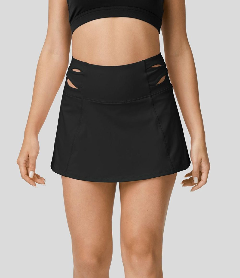 Softlyzero™ Airy High Waisted Cut Out 2-in-1 Side Pocket Mini Flare Cool Touch Tennis Skirt-UPF50+  | Womens  Mini Skirts Clothing Mini Skirts