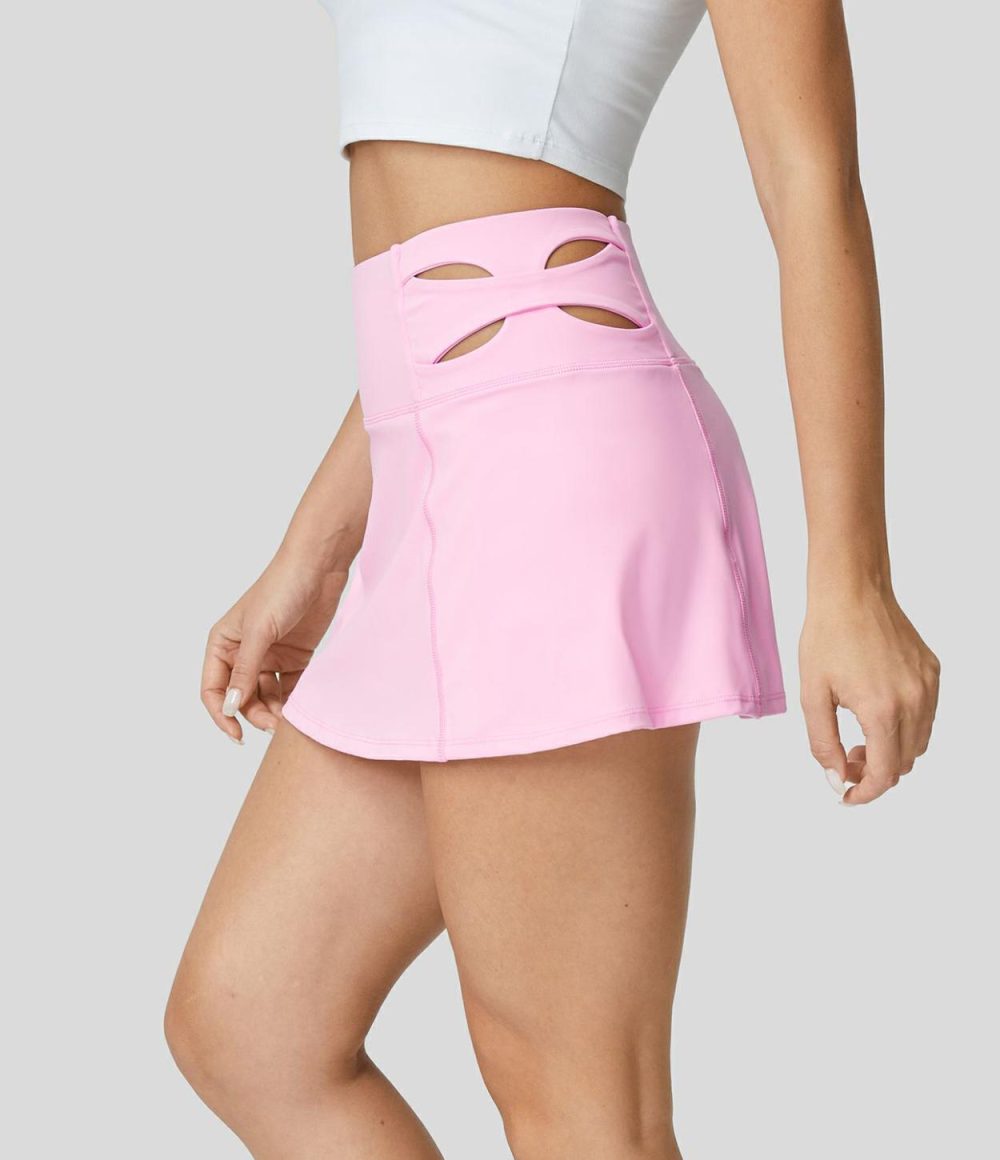 Softlyzero™ Airy High Waisted Cut Out 2-in-1 Side Pocket Mini Flare Cool Touch Tennis Skirt-UPF50+  | Womens  Mini Skirts Clothing Mini Skirts