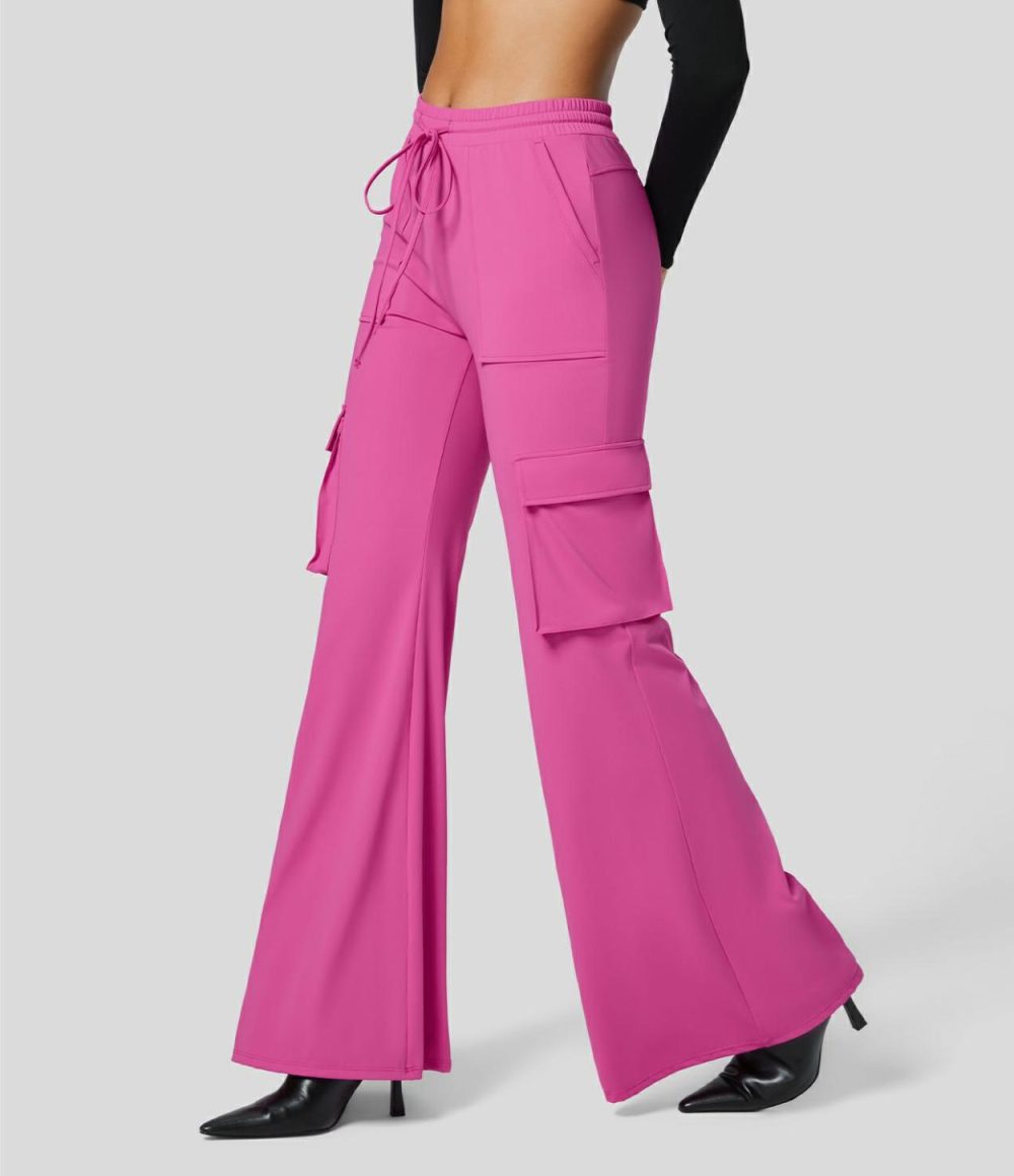 Softlyzero™ Airy High Waisted Drawstring Multiple Pockets Cool Touch Casual Flare Cargo Pants-UPF50+  | Womens  Cargo Pants Cargo Pants Black/Fuchsia Fedora