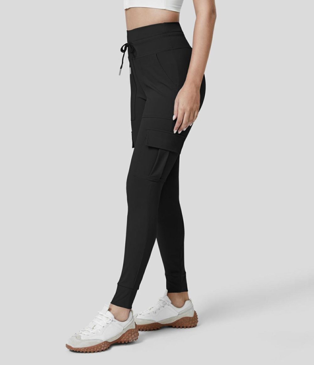 Softlyzero™ Airy High Waisted Drawstring Pocket Cool Touch Yoga Cargo Joggers-UPF50+  | Womens  Cargo Pants Cargo Pants Blue Shadow/Black