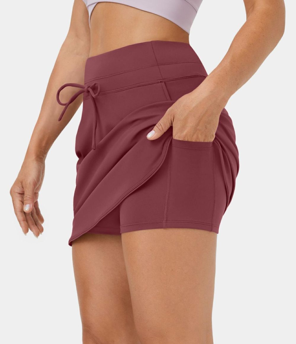 Softlyzero™ Airy High Waisted Drawstring Side Pocket 2-in-1 Mini Cool Touch Golf Skirt-UPF50+  | Womens  Mini Skirts Clothing Cordovan/Black