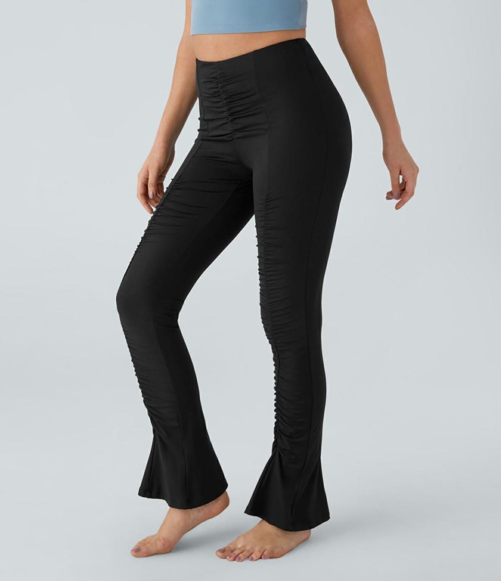 Softlyzero™ Airy High Waisted Ruched Slight Flare Cool Touch Yoga Leggings-UPF50+  | Womens  Flare Pants Clothing Endless Sky/Black