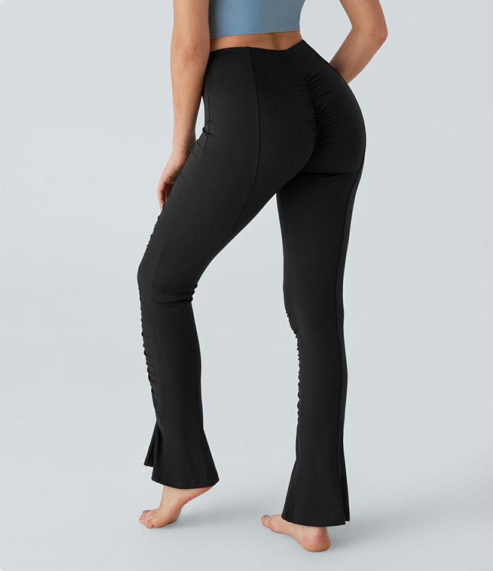 Softlyzero™ Airy High Waisted Ruched Slight Flare Cool Touch Yoga Leggings-UPF50+  | Womens  Flare Pants Clothing Endless Sky/Black