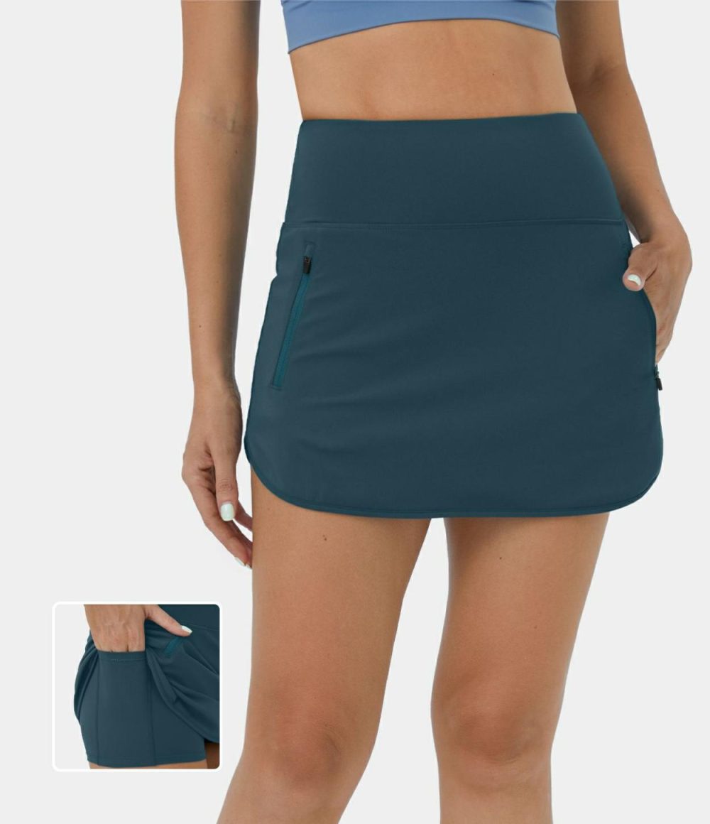 Softlyzero™ Airy High Waisted Side Pocket Curved Hem 2-in-1 Mini Cool Touch Casual Skirt-UPF50+  | Womens  Mini Skirts Clothing Ink Green