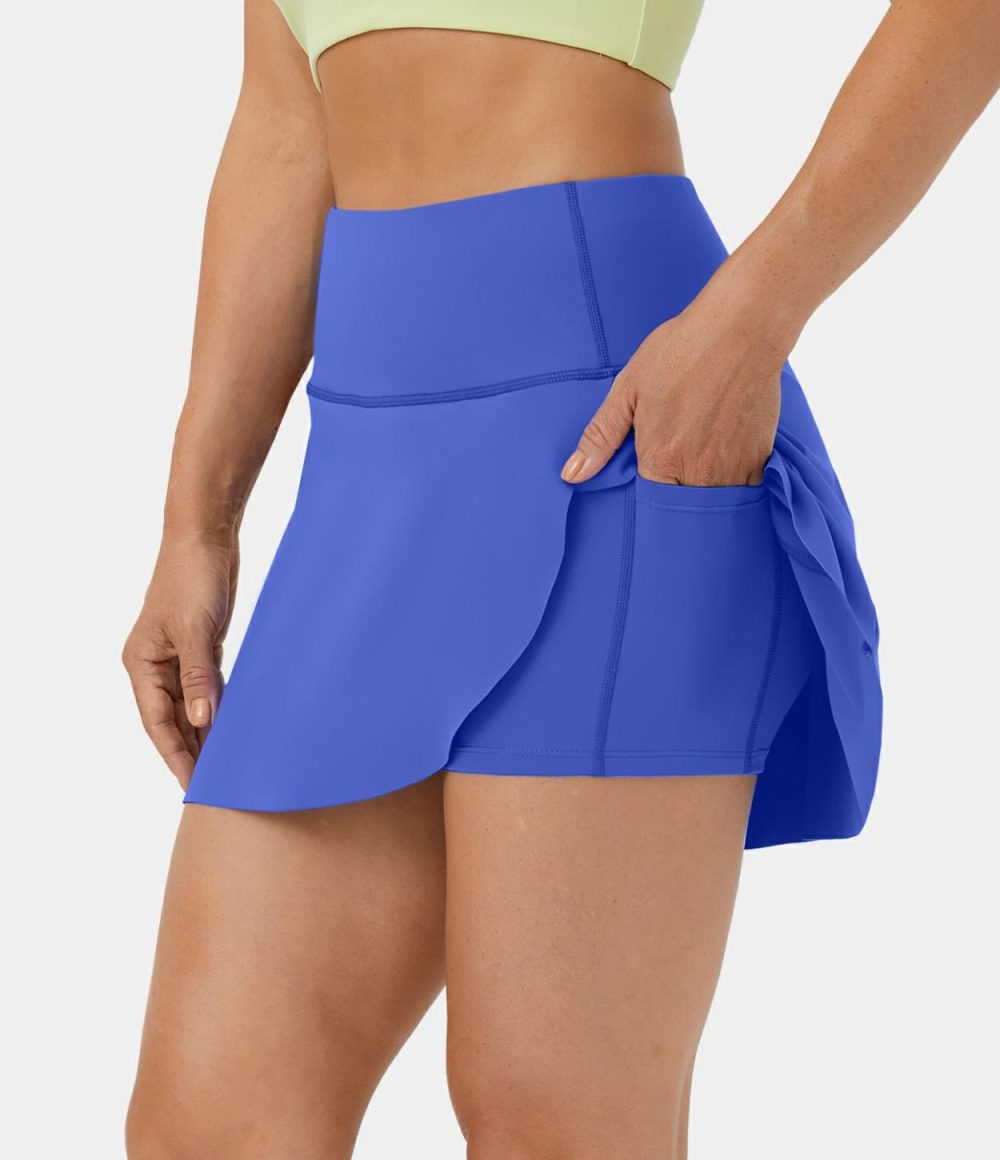 Softlyzero™ Airy High Waisted Split 2-in-1 Side Pocket Cool Touch Dance Skirt-UPF50+  | Womens  Mini Skirts Clothing Aster Blue/Black