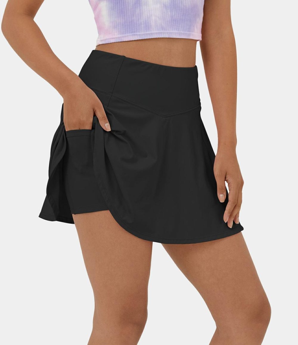 Softlyzero™ Airy High Waisted V Shaped 2-in-1 Side Pocket Flare Cool Touch Tennis Skirt-UPF50+  | Womens  Mini Skirts Clothing Mini Skirts