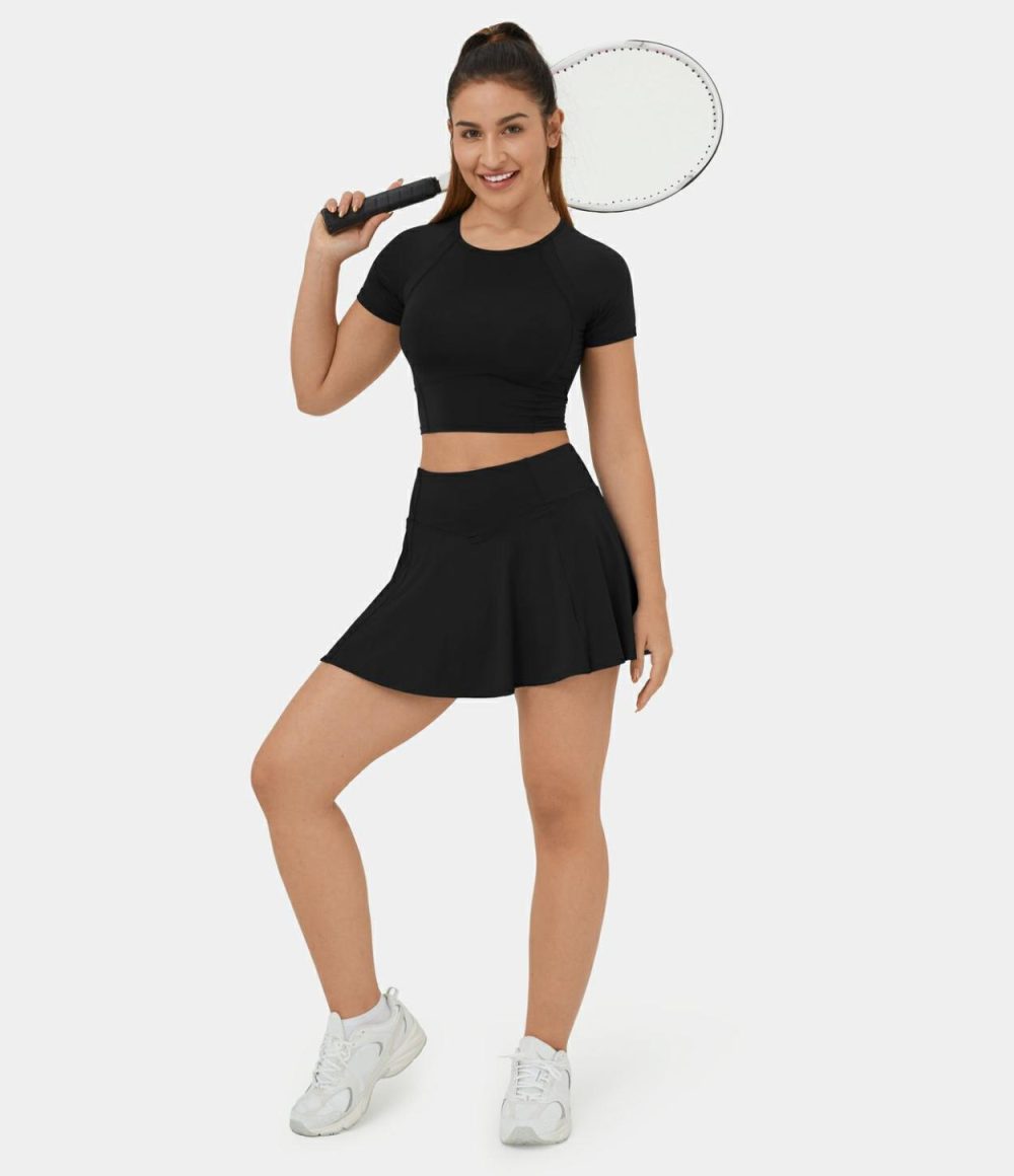 Softlyzero™ Airy High Waisted V Shaped 2-in-1 Side Pocket Flare Cool Touch Tennis Skirt-UPF50+  | Womens  Mini Skirts Clothing Mini Skirts