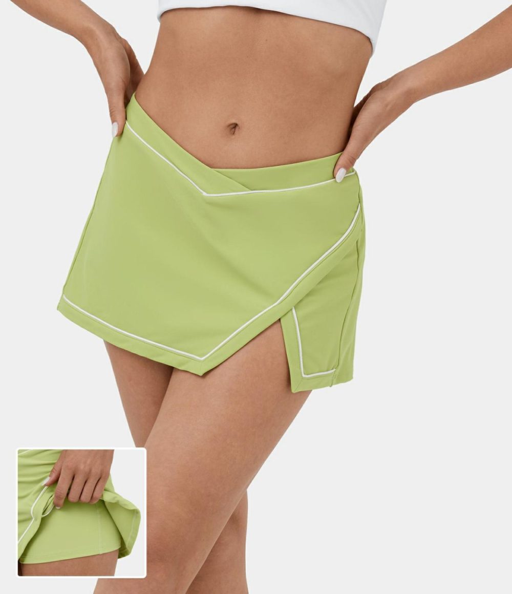 Softlyzero™ Airy Low Rise Crossover V Shaped Waistband Contrast Trim 2-in-1 Split Mini Cool Touch Dance Skirt  | Womens  Mini Skirts Clothing Ink Green/Green Apple Green