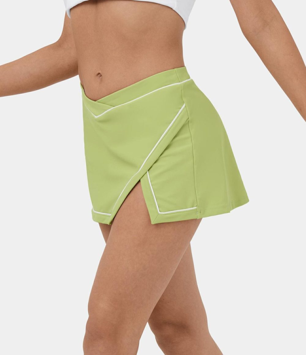 Softlyzero™ Airy Low Rise Crossover V Shaped Waistband Contrast Trim 2-in-1 Split Mini Cool Touch Dance Skirt  | Womens  Mini Skirts Clothing Ink Green/Green Apple Green