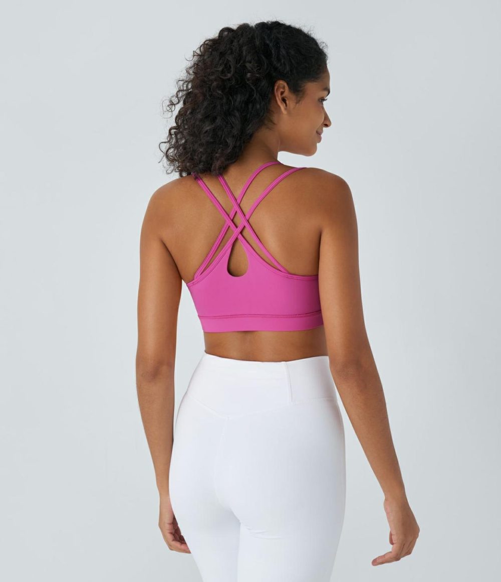 Softlyzero™ Airy Low Support Backless Crisscross Cool Touch Yoga Sports Bra-UPF50+  | Womens  Sports Bras Clothing Fuchsia Fedora/Black