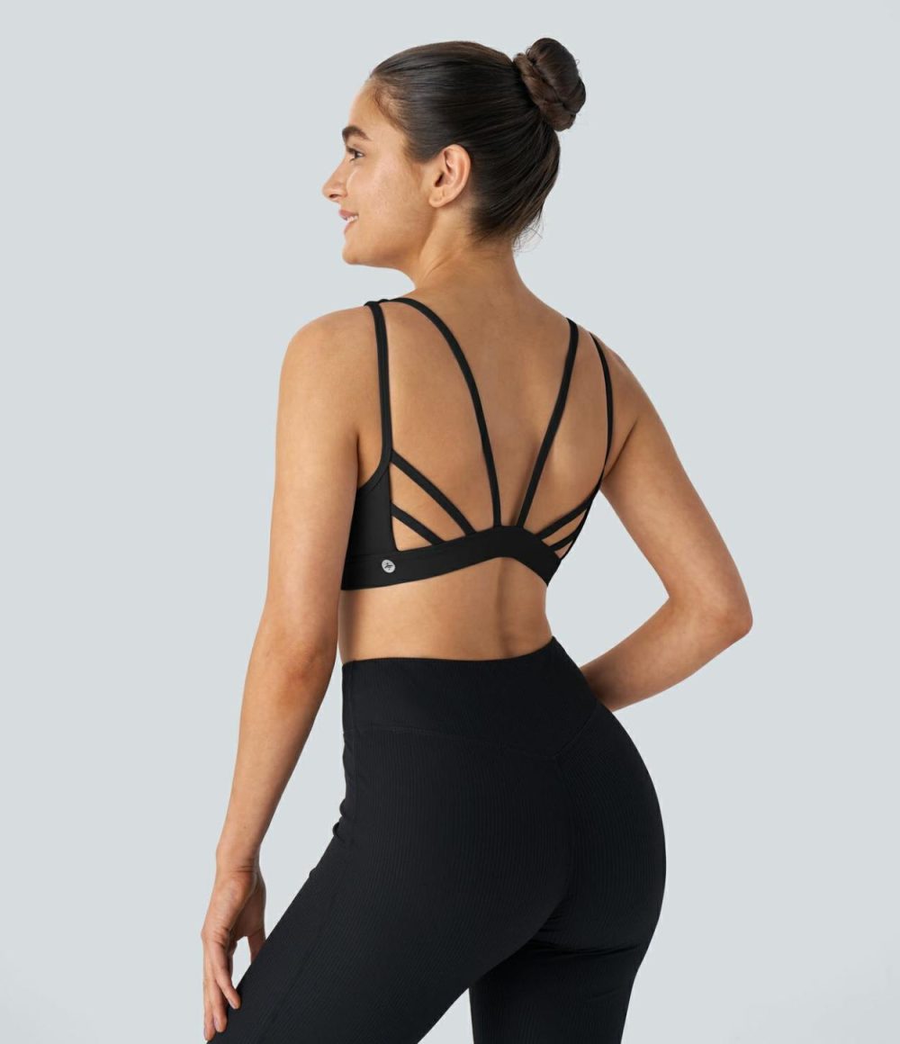 Softlyzero™ Airy Low Support Backless Cut Out Cool Touch Yoga Sports Bra-UPF50+  | Womens  Sports Bras Clothing Angel Falls/Black