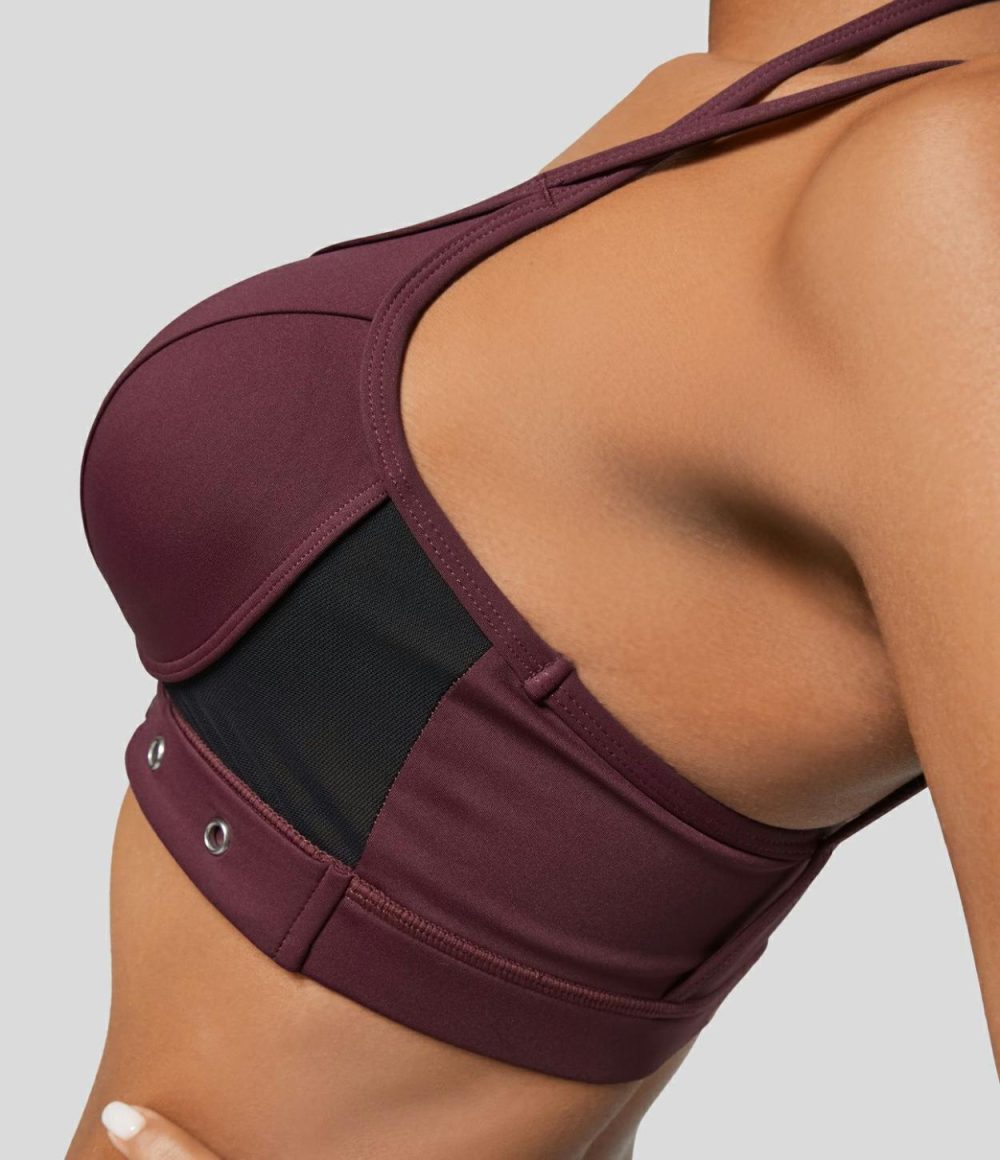 Softlyzero™ Airy Low Support Halter Backless Contrast Mesh Garment Eyelets Cropped Cool Touch Casual Sports Bra-UPF50+  | Womens  Sports Bras Clothing Berry Red/Black