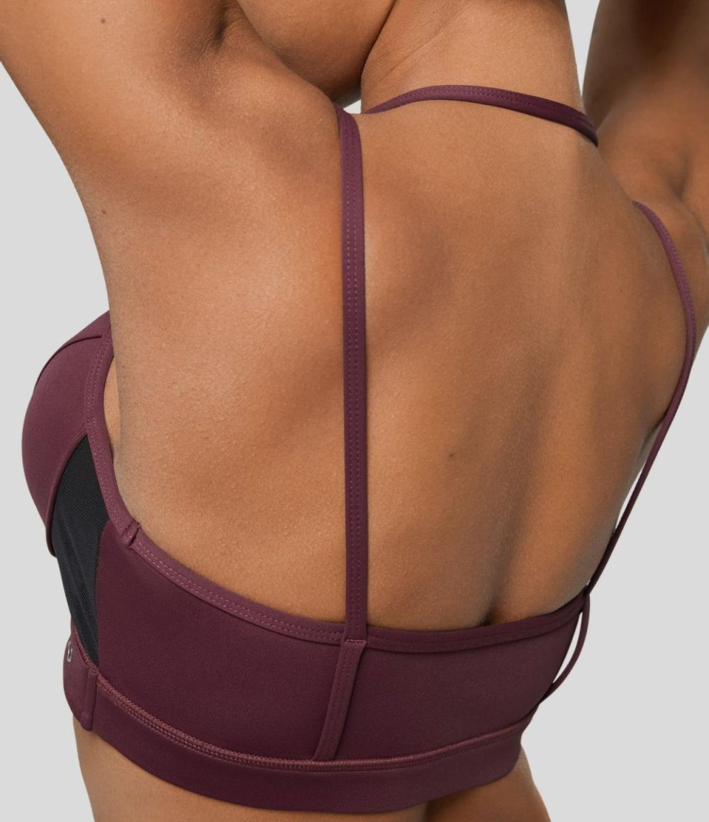 Softlyzero™ Airy Low Support Halter Backless Contrast Mesh Garment Eyelets Cropped Cool Touch Casual Sports Bra-UPF50+  | Womens  Sports Bras Clothing Berry Red/Black