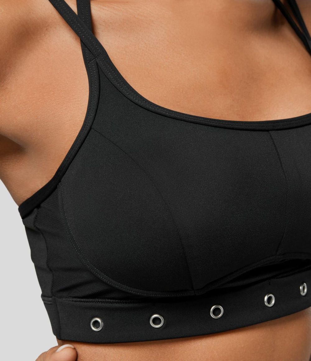 Softlyzero™ Airy Low Support Halter Backless Contrast Mesh Garment Eyelets Cropped Cool Touch Casual Sports Bra-UPF50+  | Womens  Sports Bras Clothing Berry Red/Black