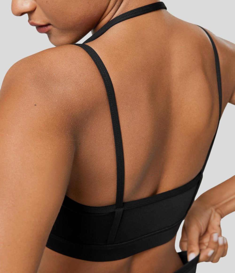 Softlyzero™ Airy Low Support Halter Backless Contrast Mesh Garment Eyelets Cropped Cool Touch Casual Sports Bra-UPF50+  | Womens  Sports Bras Clothing Berry Red/Black