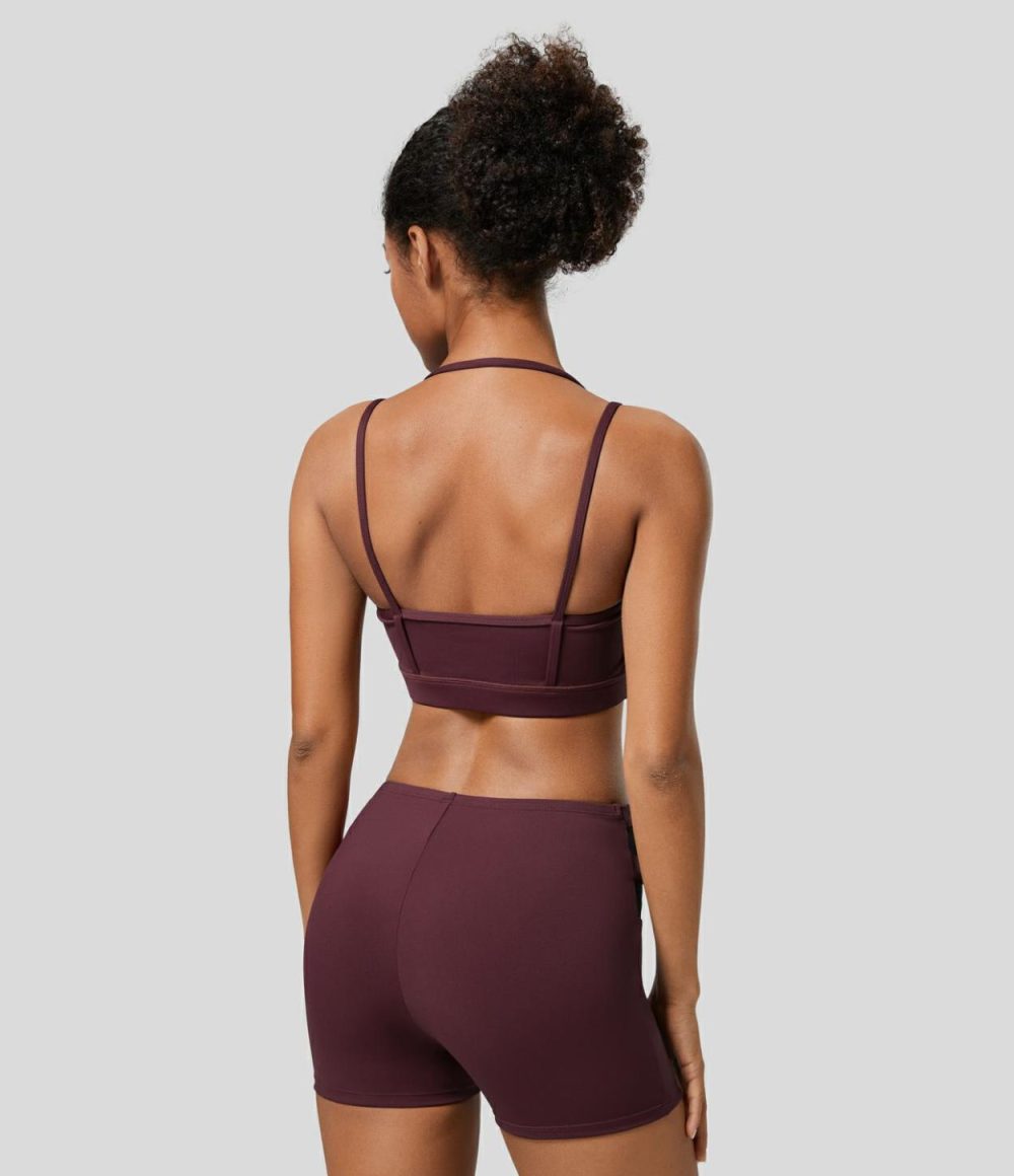 Softlyzero™ Airy Low Support Halter Backless Contrast Mesh Garment Eyelets Cropped Cool Touch Casual Sports Bra-UPF50+  | Womens  Sports Bras Clothing Berry Red/Black