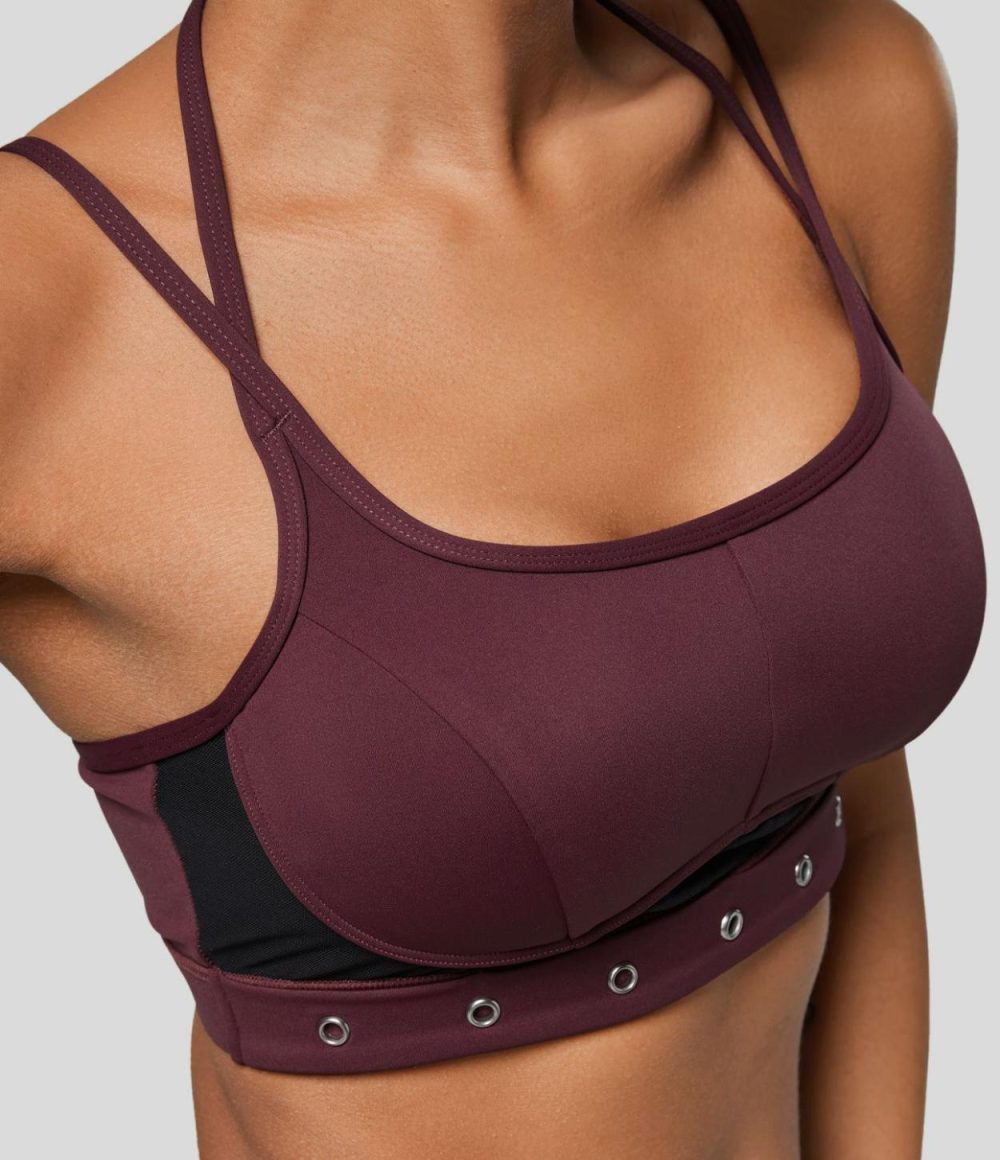 Softlyzero™ Airy Low Support Halter Backless Contrast Mesh Garment Eyelets Cropped Cool Touch Casual Sports Bra-UPF50+  | Womens  Sports Bras Clothing Berry Red/Black