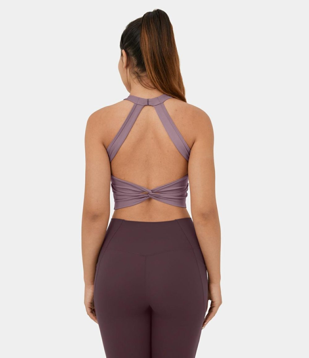 Softlyzero™ Airy Low Support Halter Neck Contrast Mesh Backless Twisted Cool Touch Sports Bra-UPF50+  | Womens  Sports Bras Clothing Sports Bras