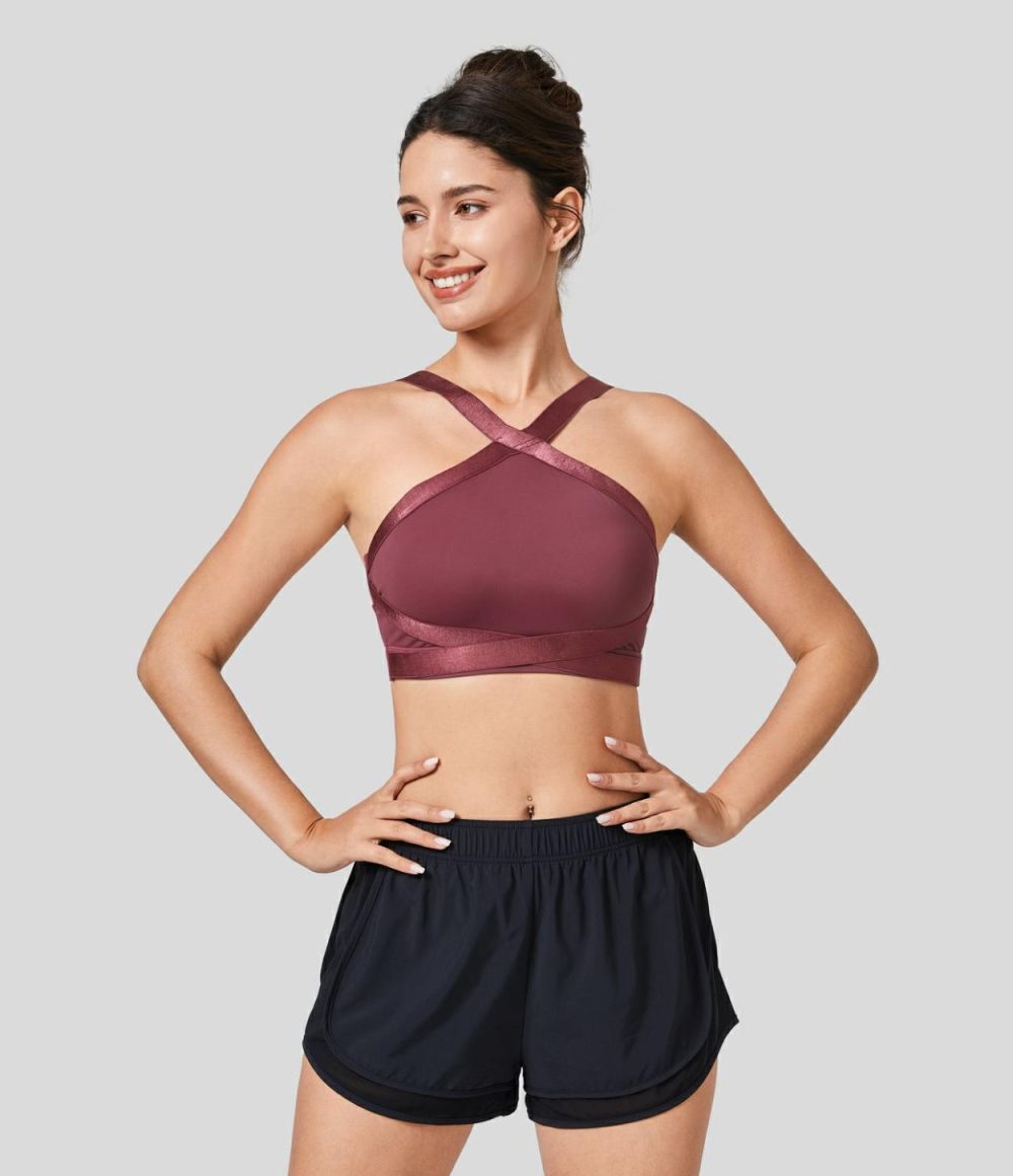 Softlyzero™ Airy Medium Support Crisscross Backless Cool Touch Training Sports Bra-UPF50+  | Womens  Sports Bras Clothing Cordovan/Black