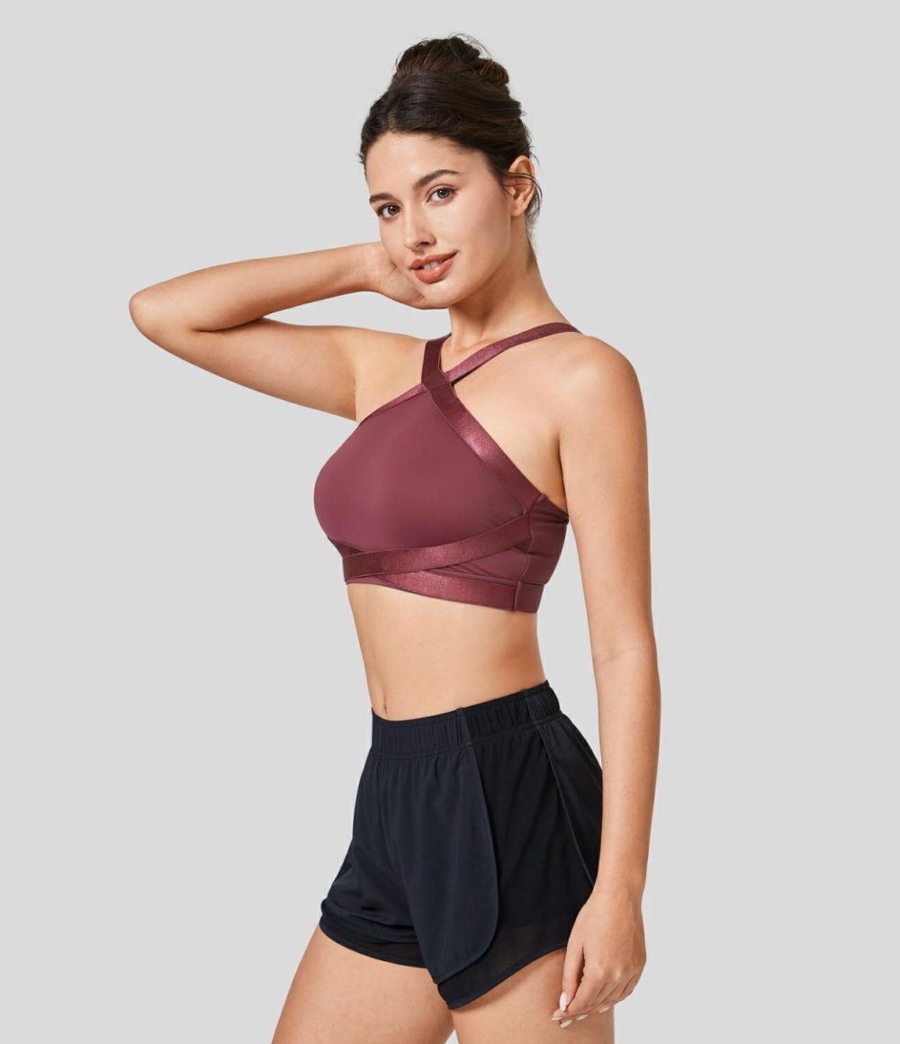 Softlyzero™ Airy Medium Support Crisscross Backless Cool Touch Training Sports Bra-UPF50+  | Womens  Sports Bras Clothing Cordovan/Black