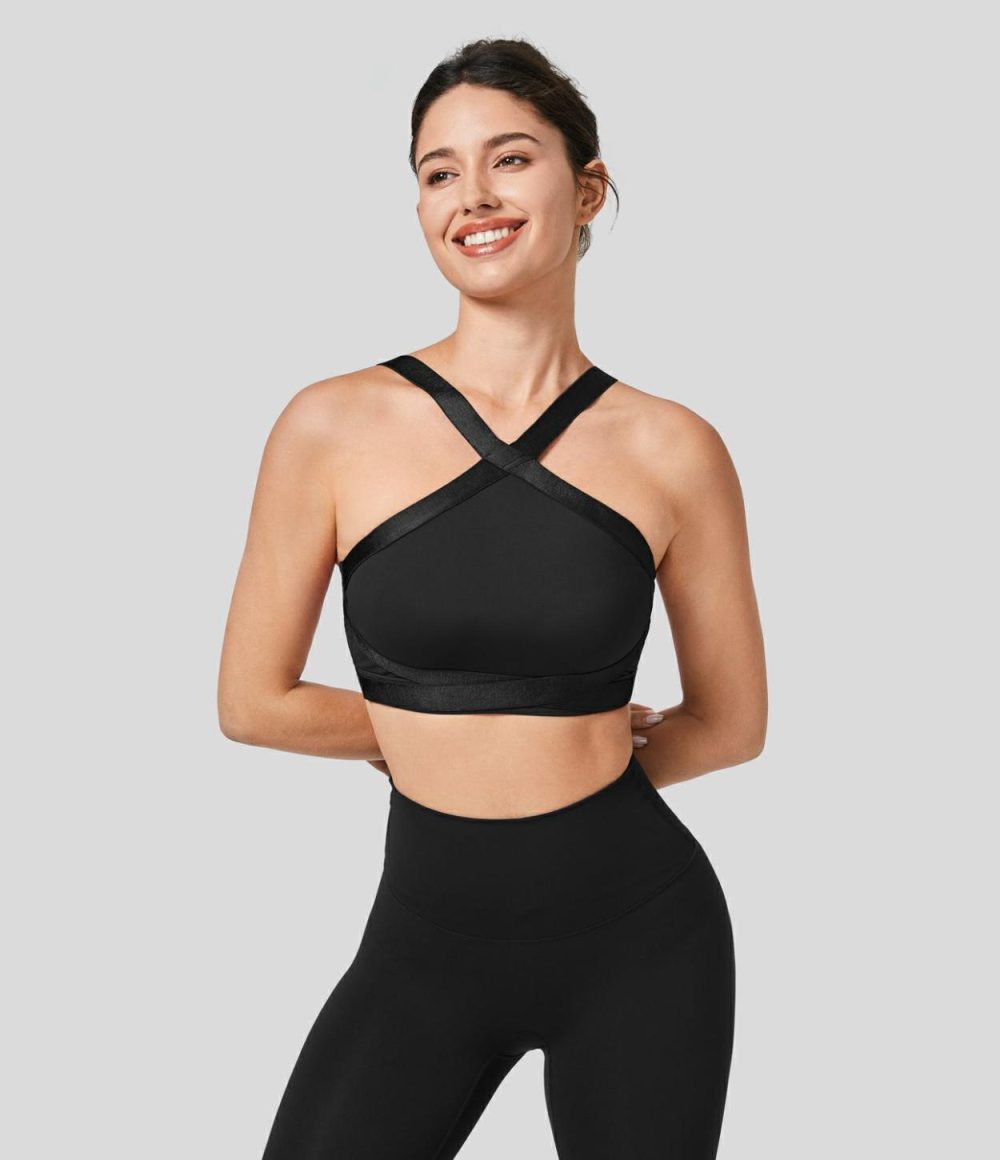 Softlyzero™ Airy Medium Support Crisscross Backless Cool Touch Training Sports Bra-UPF50+  | Womens  Sports Bras Clothing Cordovan/Black