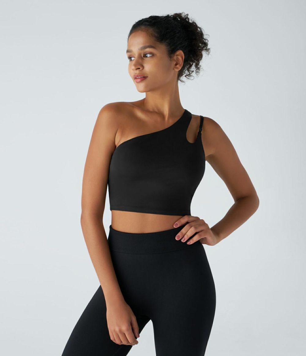 Softlyzero™ Airy One Shoulder Adjustable Strap Backless Cool Touch Cropped Yoga Tank Top-UPF50+  | Womens  Cropped Tops Clothing Black/Pink Orchid