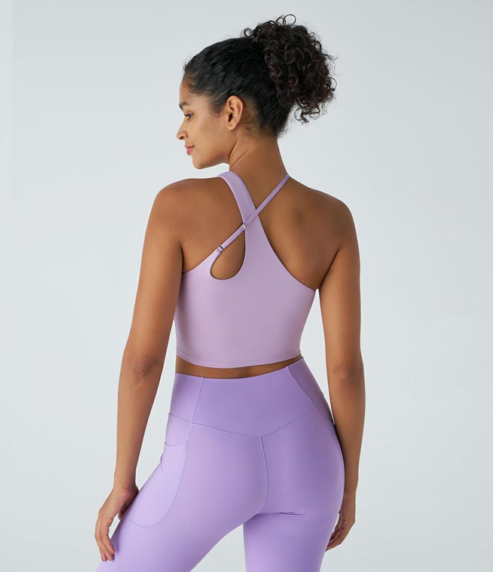 Softlyzero™ Airy One Shoulder Adjustable Strap Backless Cool Touch Cropped Yoga Tank Top-UPF50+  | Womens  Cropped Tops Clothing Black/Pink Orchid