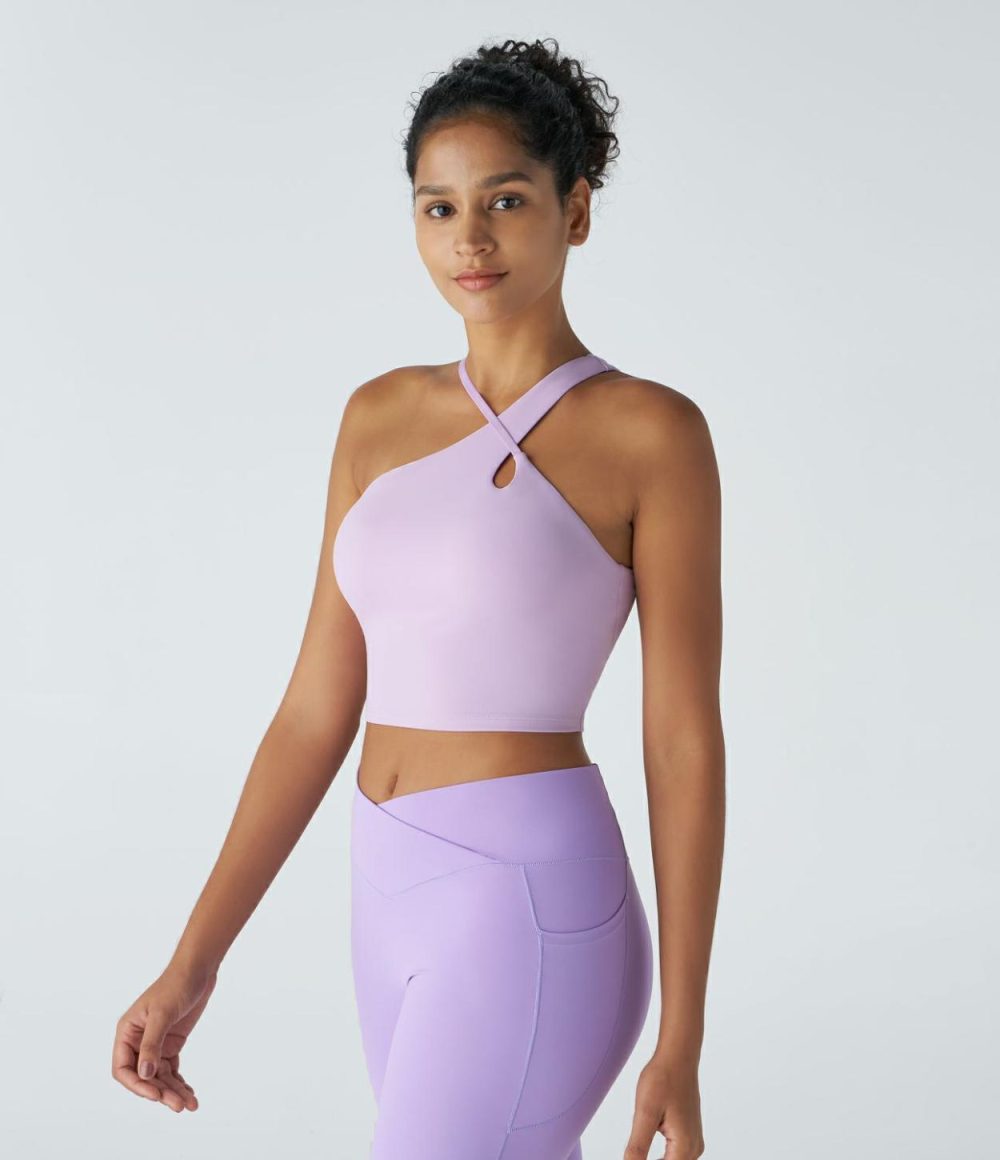 Softlyzero™ Airy One Shoulder Adjustable Strap Backless Cool Touch Cropped Yoga Tank Top-UPF50+  | Womens  Cropped Tops Clothing Black/Pink Orchid