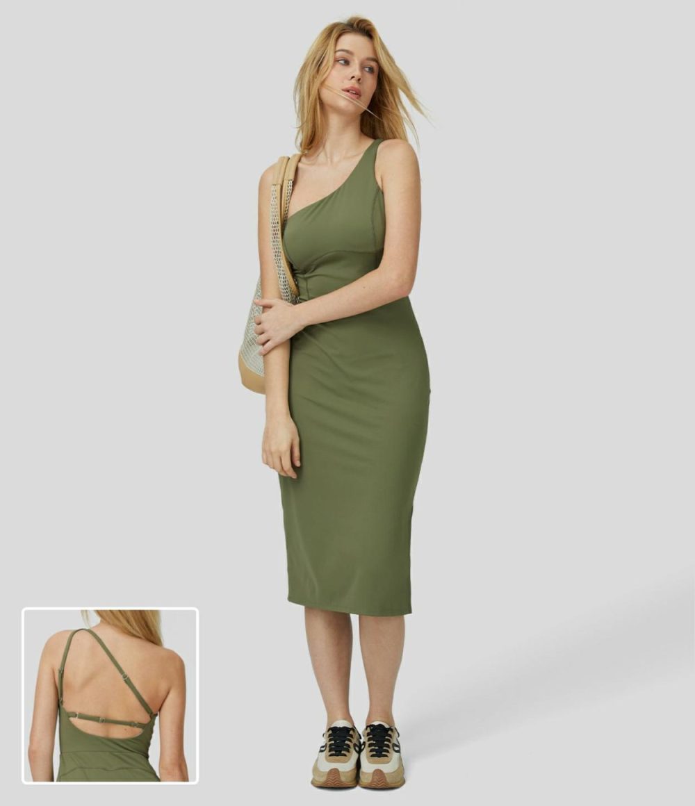 Softlyzero™ Airy One Shoulder Backless Split Midi Cool Touch Casual Dress-UPF50+  | Womens  Active Dresses Active Dresses Active Dresses