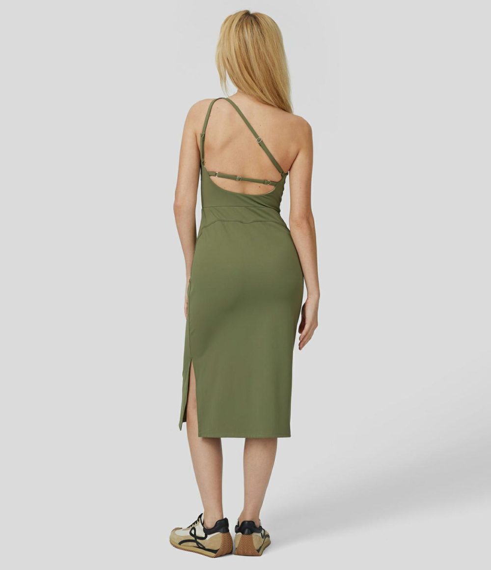 Softlyzero™ Airy One Shoulder Backless Split Midi Cool Touch Casual Dress-UPF50+  | Womens  Active Dresses Active Dresses Active Dresses