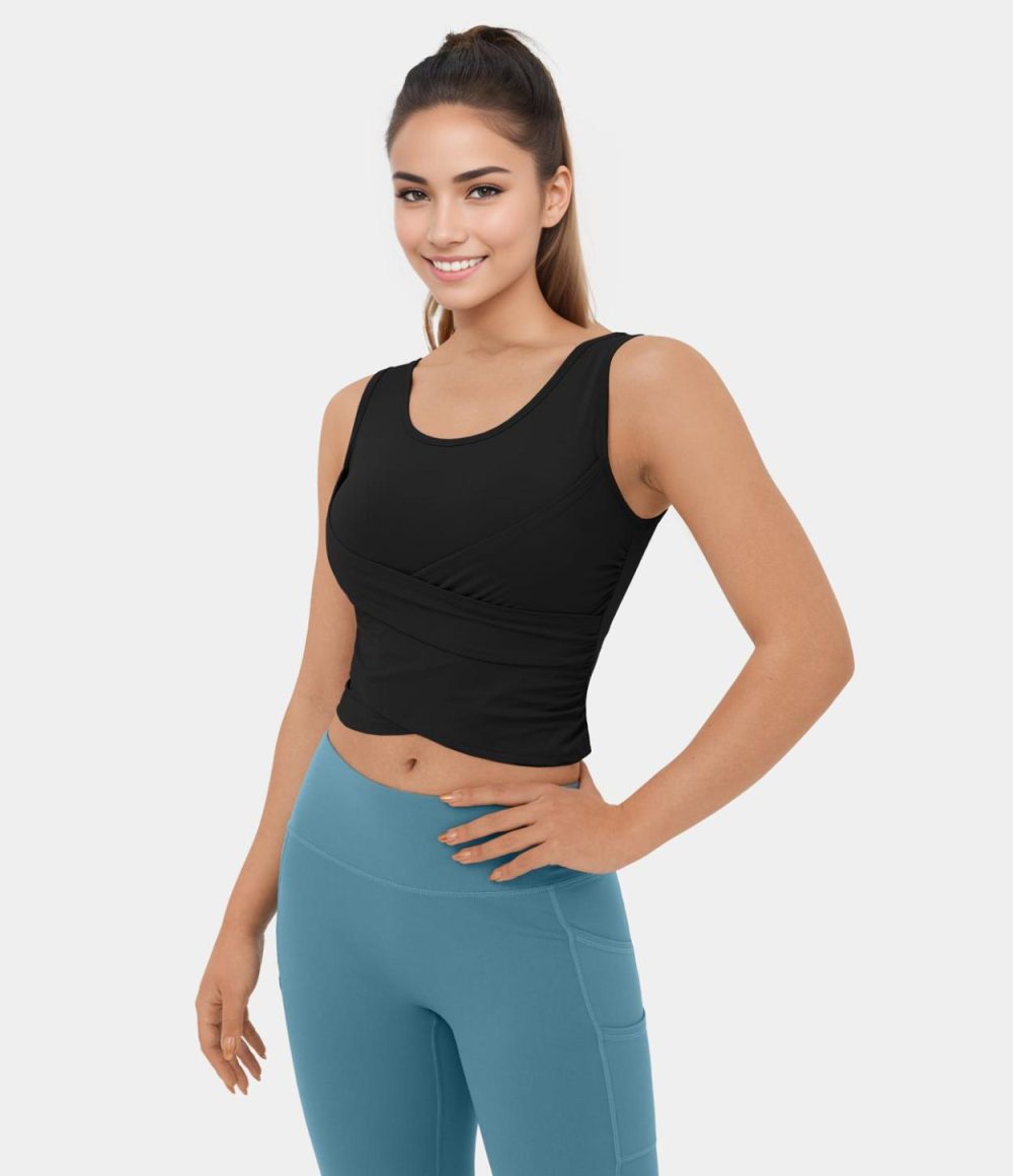 Softlyzero™ Airy Round Neck Crossover Hem Plicated Stacked Cropped Cool Touch Yoga Tank Top-UPF50+  | Womens  Cropped Tops Clothing Black/Chambray Blue