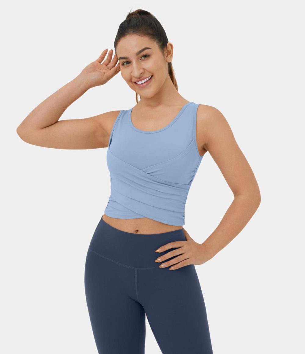 Softlyzero™ Airy Round Neck Crossover Hem Plicated Stacked Cropped Cool Touch Yoga Tank Top-UPF50+  | Womens  Cropped Tops Clothing Black/Chambray Blue