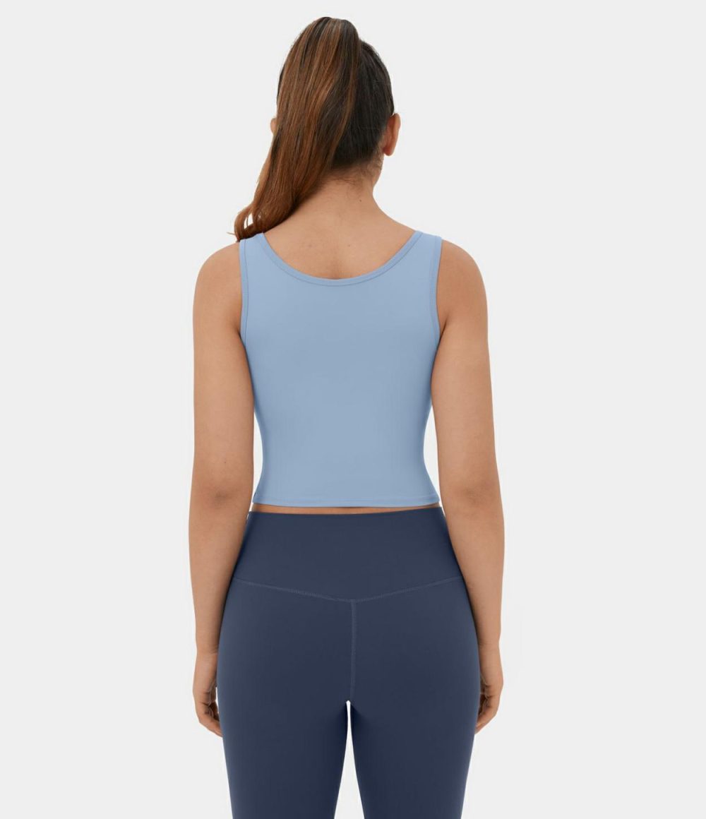 Softlyzero™ Airy Round Neck Crossover Hem Plicated Stacked Cropped Cool Touch Yoga Tank Top-UPF50+  | Womens  Cropped Tops Clothing Black/Chambray Blue