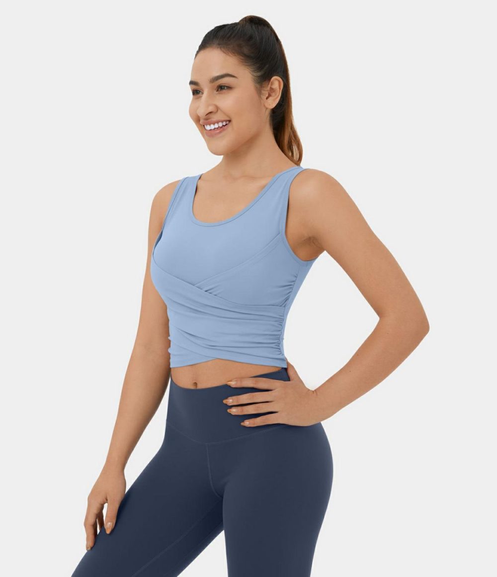 Softlyzero™ Airy Round Neck Crossover Hem Plicated Stacked Cropped Cool Touch Yoga Tank Top-UPF50+  | Womens  Cropped Tops Clothing Black/Chambray Blue