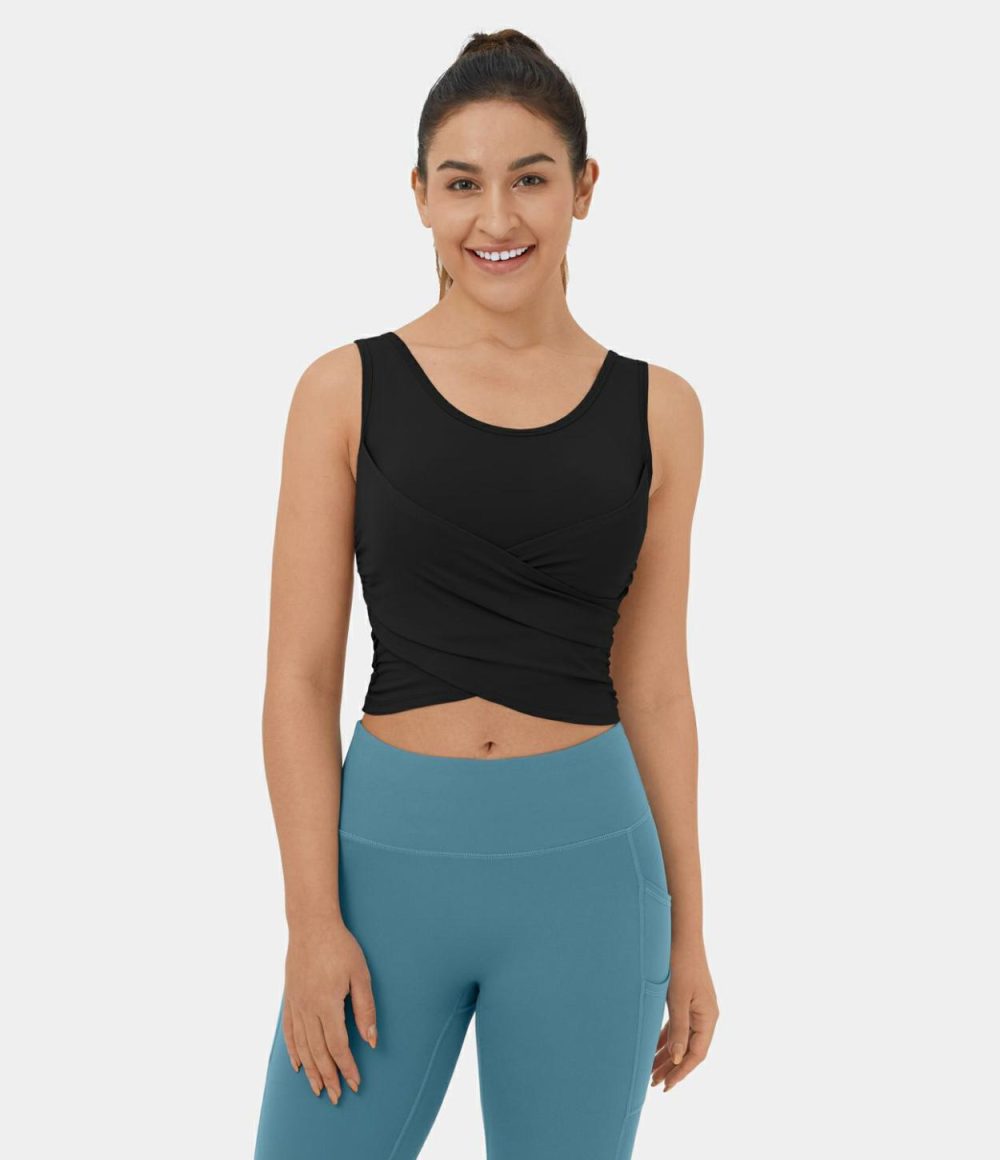 Softlyzero™ Airy Round Neck Crossover Hem Plicated Stacked Cropped Cool Touch Yoga Tank Top-UPF50+  | Womens  Cropped Tops Clothing Black/Chambray Blue