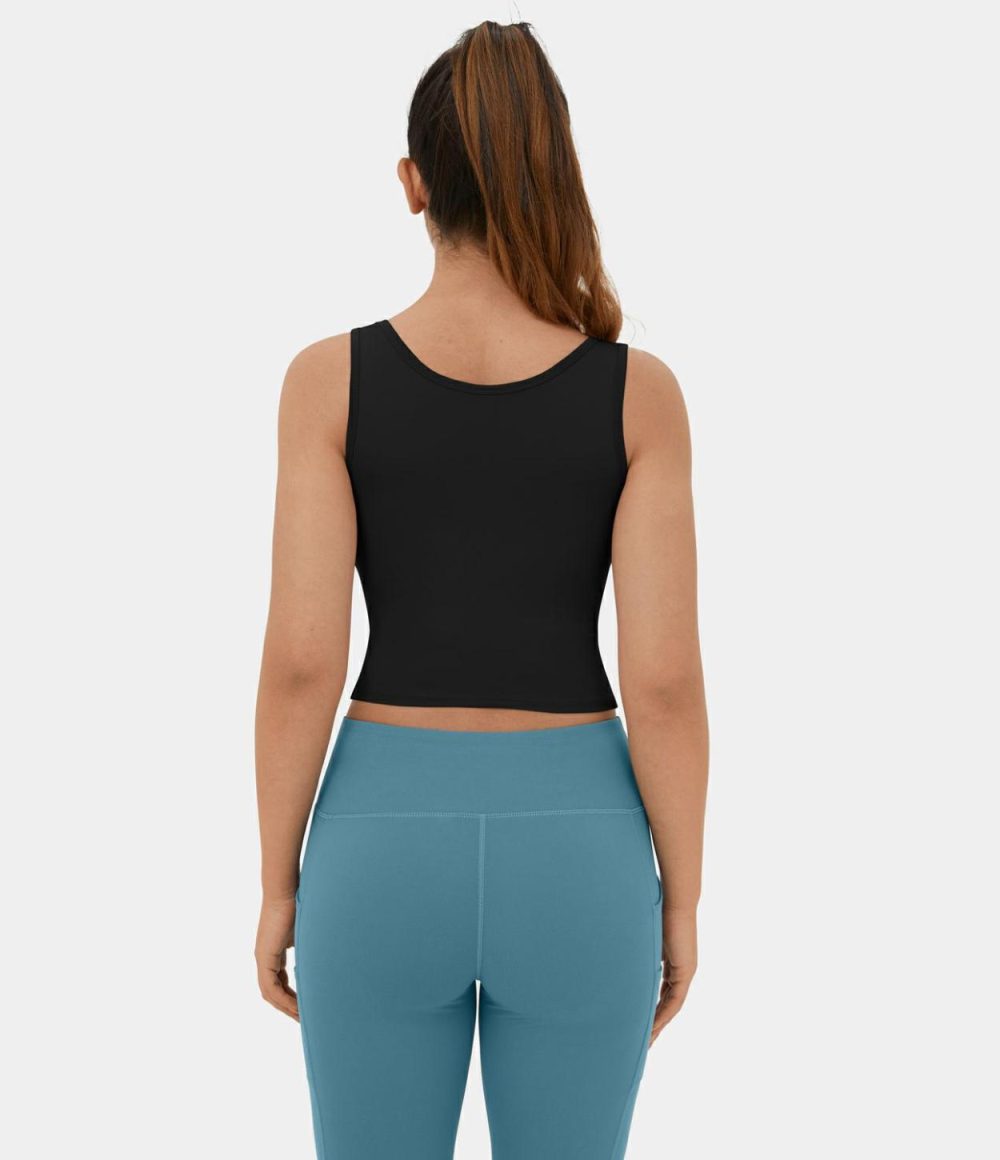 Softlyzero™ Airy Round Neck Crossover Hem Plicated Stacked Cropped Cool Touch Yoga Tank Top-UPF50+  | Womens  Cropped Tops Clothing Black/Chambray Blue