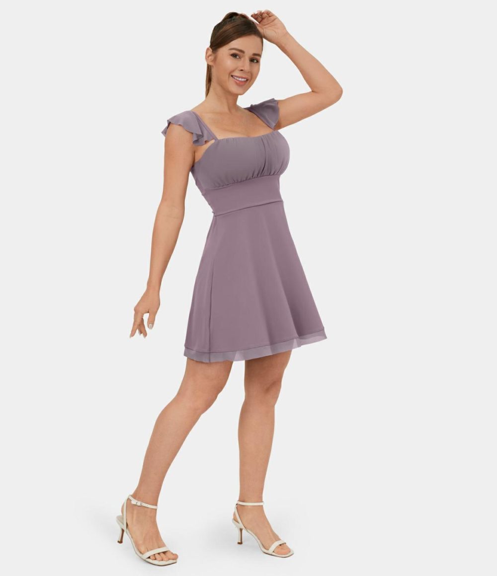 Softlyzero™ Airy Ruffle Backless Lace Up Contrast Mesh Cool Touch Mini Flare Casual Dress-UPF50+  | Womens  Active Dresses Active Dresses Active Dresses