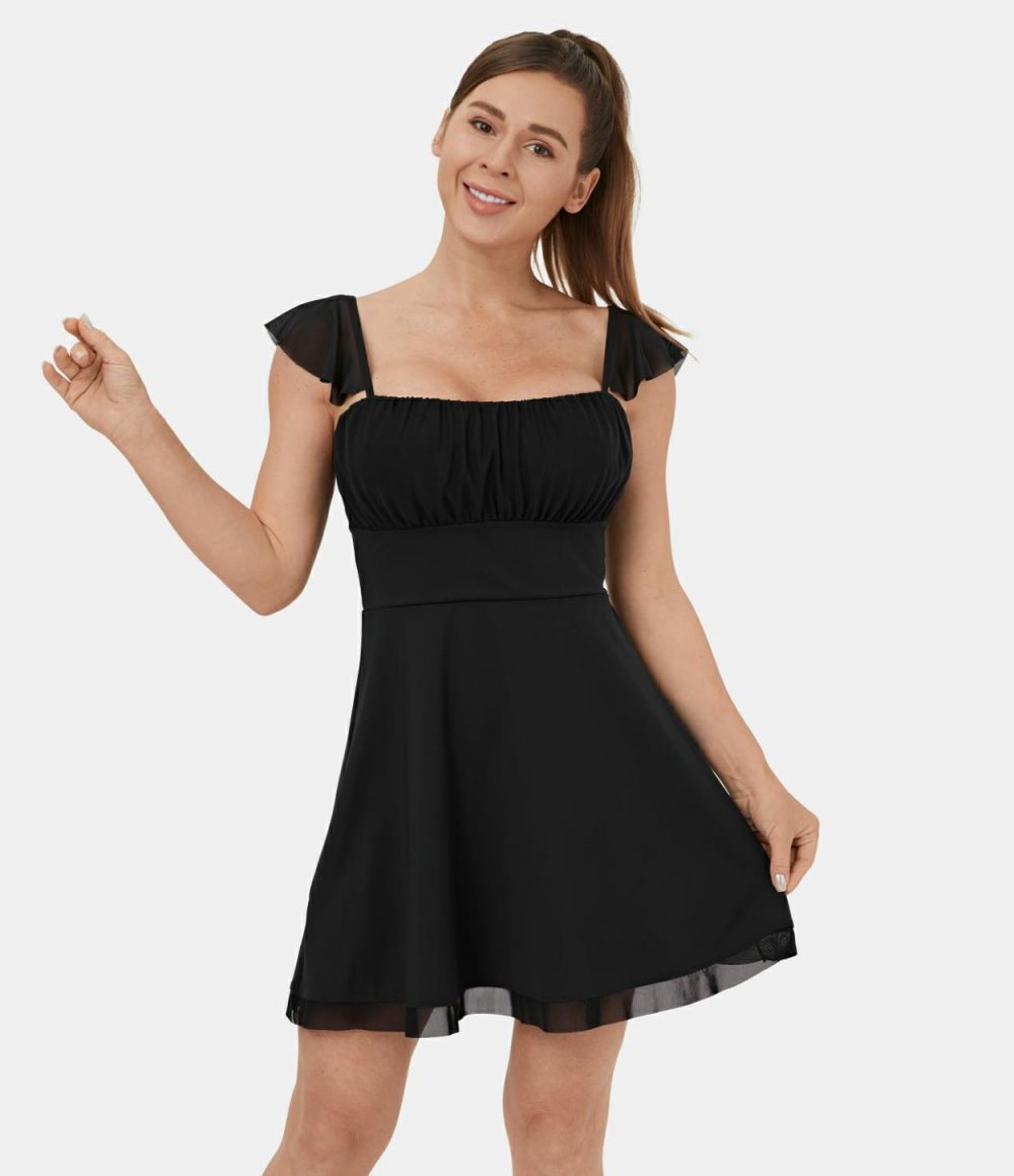 Softlyzero™ Airy Ruffle Backless Lace Up Contrast Mesh Cool Touch Mini Flare Casual Dress-UPF50+  | Womens  Active Dresses Active Dresses Active Dresses