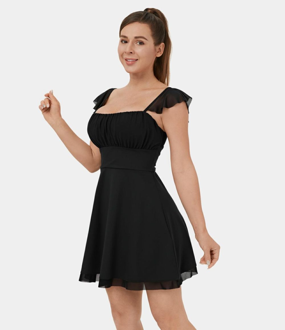 Softlyzero™ Airy Ruffle Backless Lace Up Contrast Mesh Cool Touch Mini Flare Casual Dress-UPF50+  | Womens  Active Dresses Active Dresses Active Dresses