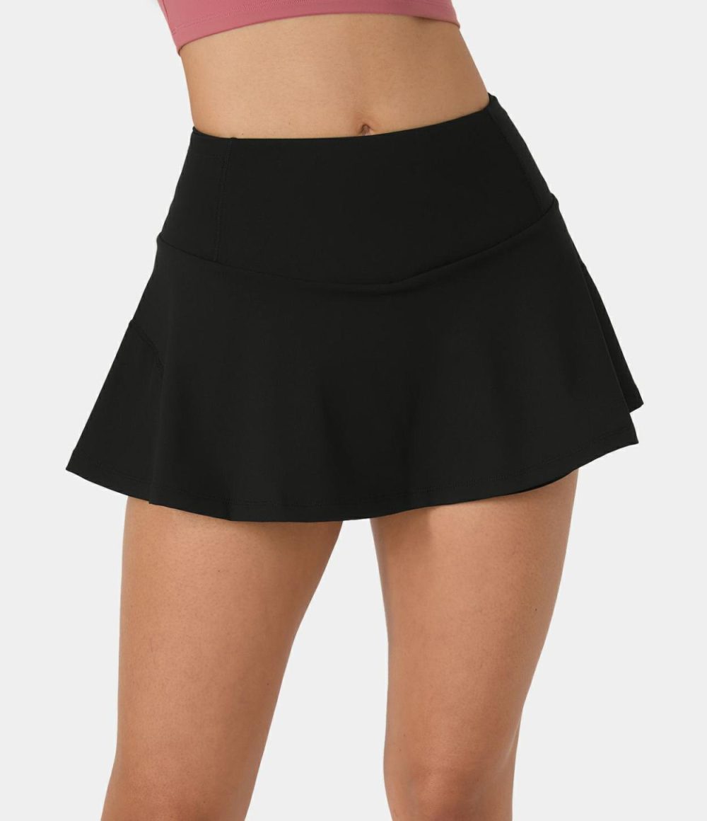 Softlyzero™ Airy Side & Back Waistband Pocket 2-in-1 Flare Cool Touch Tennis Skirt-UPF50+  | Womens  Mini Skirts Clothing Black/Gull