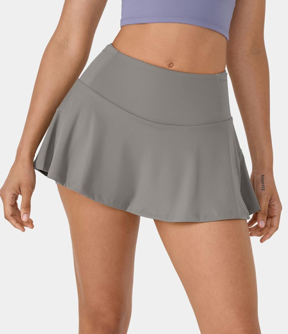 Softlyzero™ Airy Side & Back Waistband Pocket 2-in-1 Flare Cool Touch Tennis Skirt-UPF50+  | Womens  Mini Skirts Clothing Black/Gull