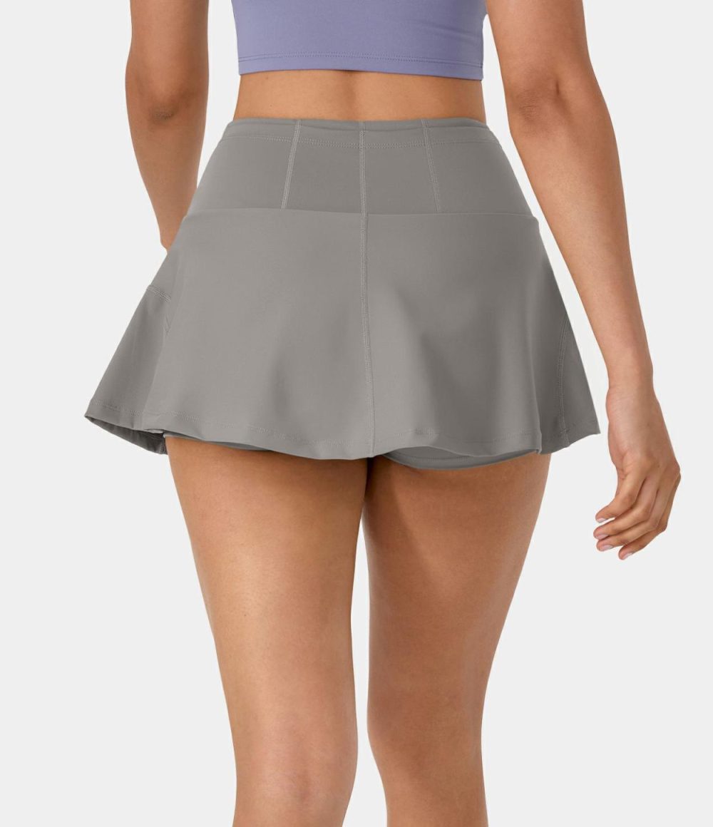 Softlyzero™ Airy Side & Back Waistband Pocket 2-in-1 Flare Cool Touch Tennis Skirt-UPF50+  | Womens  Mini Skirts Clothing Black/Gull