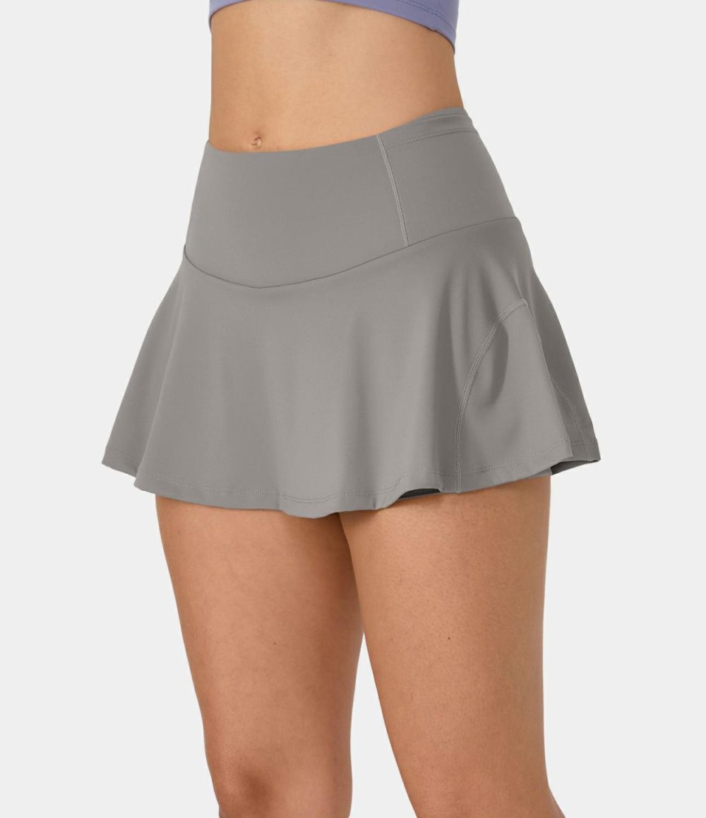 Softlyzero™ Airy Side & Back Waistband Pocket 2-in-1 Flare Cool Touch Tennis Skirt-UPF50+  | Womens  Mini Skirts Clothing Black/Gull