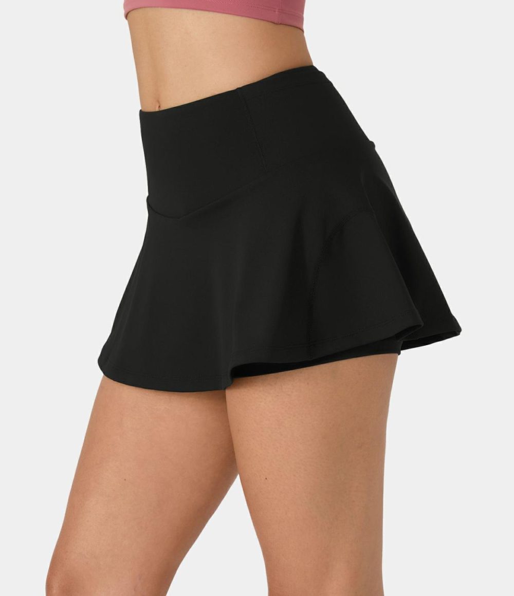 Softlyzero™ Airy Side & Back Waistband Pocket 2-in-1 Flare Cool Touch Tennis Skirt-UPF50+  | Womens  Mini Skirts Clothing Black/Gull