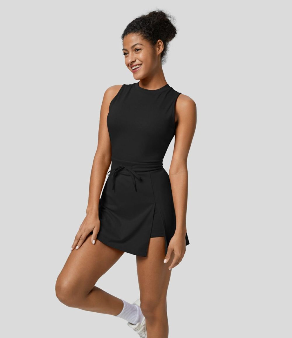 Softlyzero™ Airy Sleeveless Backless Drawstring Split 2-Piece Pocket Cool Touch Mini Active Dress-UPF50+  | Womens  Active Dresses Active Dresses Active Dresses